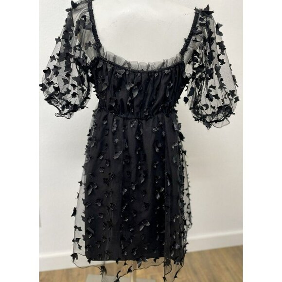 Thirty Thirty LA Black 3D Butterfly Puff Sleeve Babydoll Dress Women Large Sheer - Picture 4 of 14